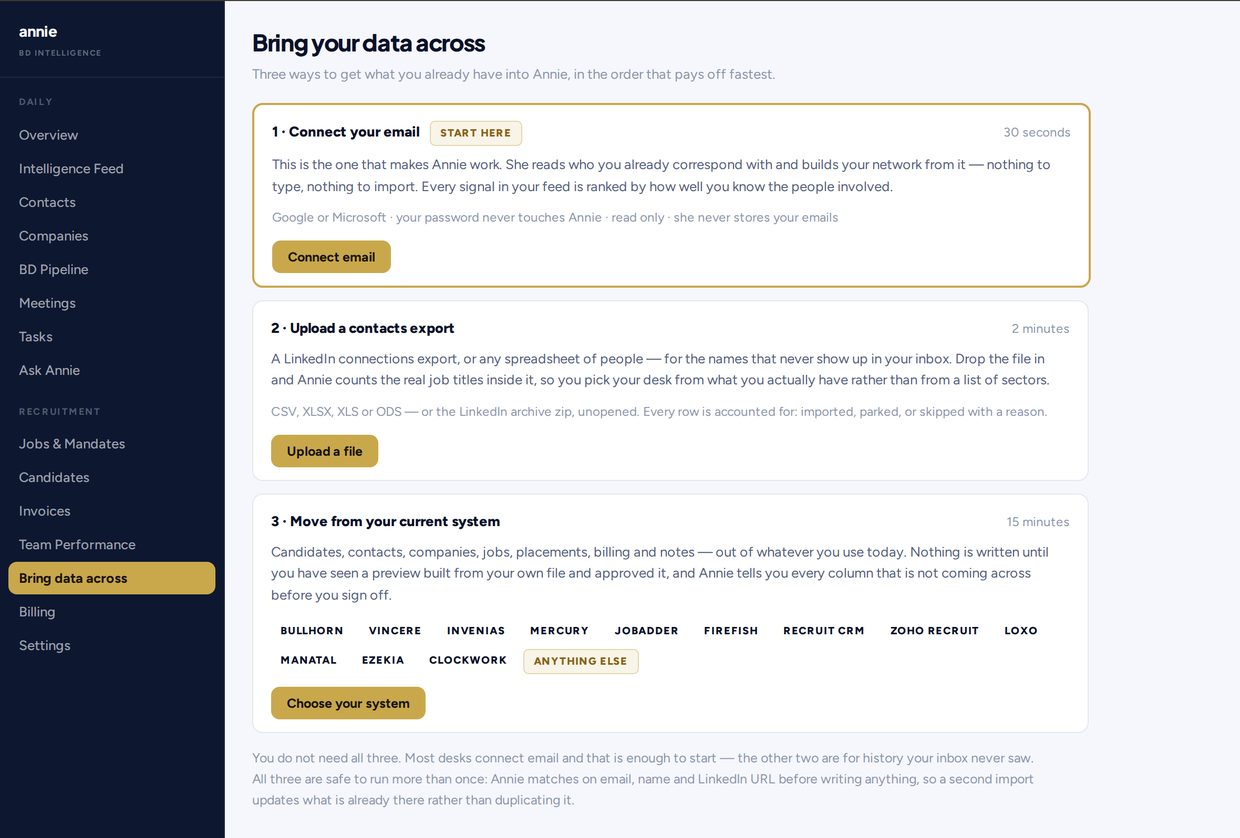 Annie import screen. Example data.