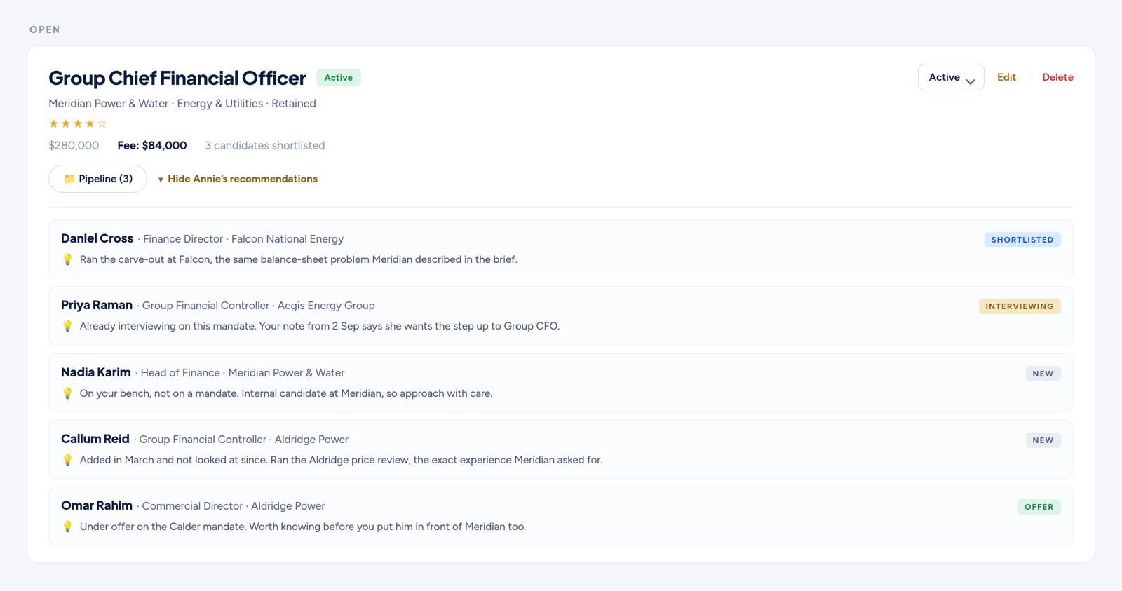 Annie recommending candidates from your own database against an open mandate